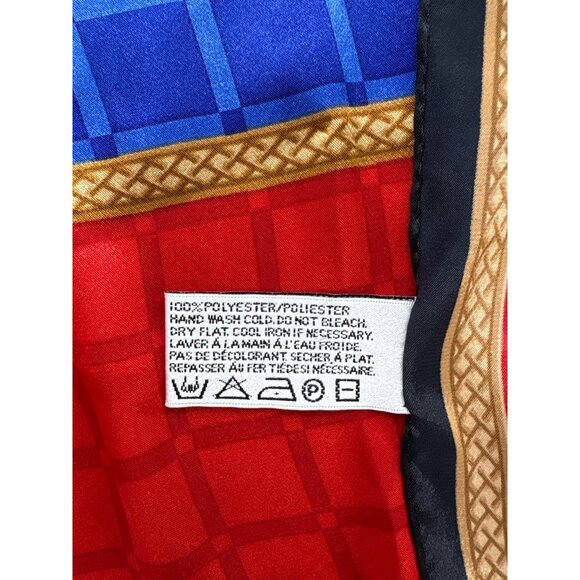 Vintage Liz Claiborne Red Blue Plaid Polyester Scarf With Black Gold Trim Headwe - Picture 4 of 5